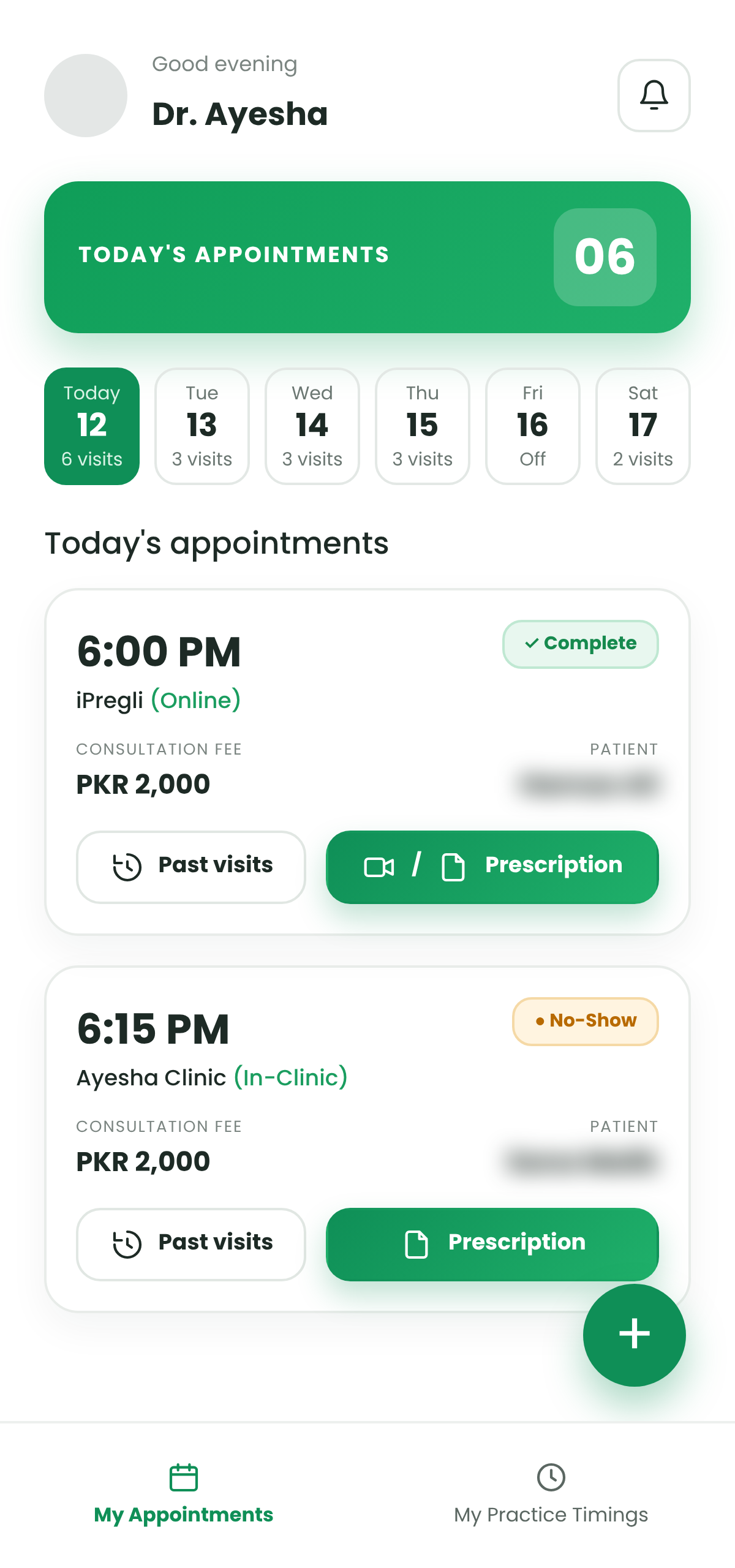 Dr's Practice appointments screen showing today's six visits