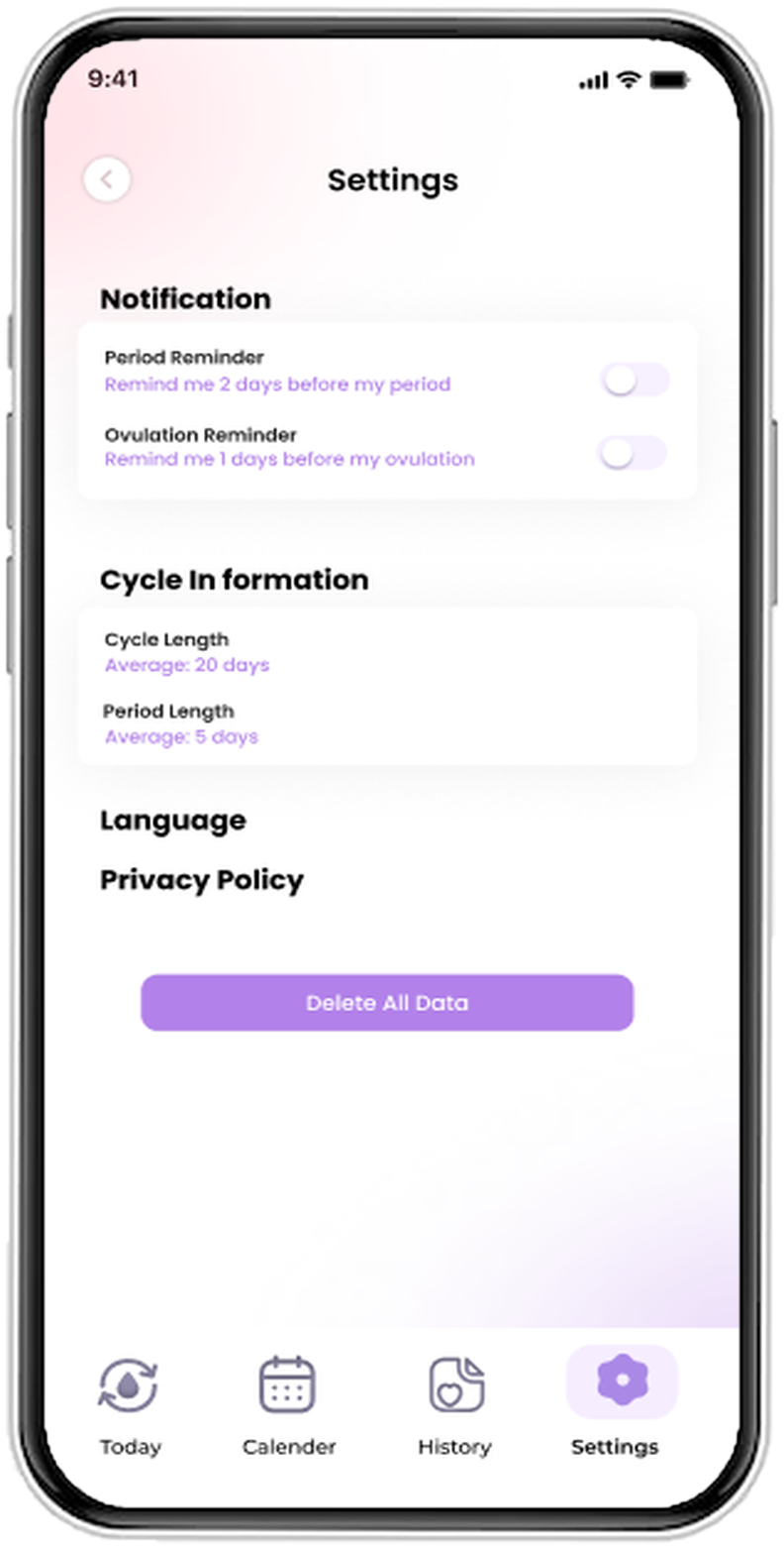 Period Tracker settings with period and ovulation reminders, cycle length and period length