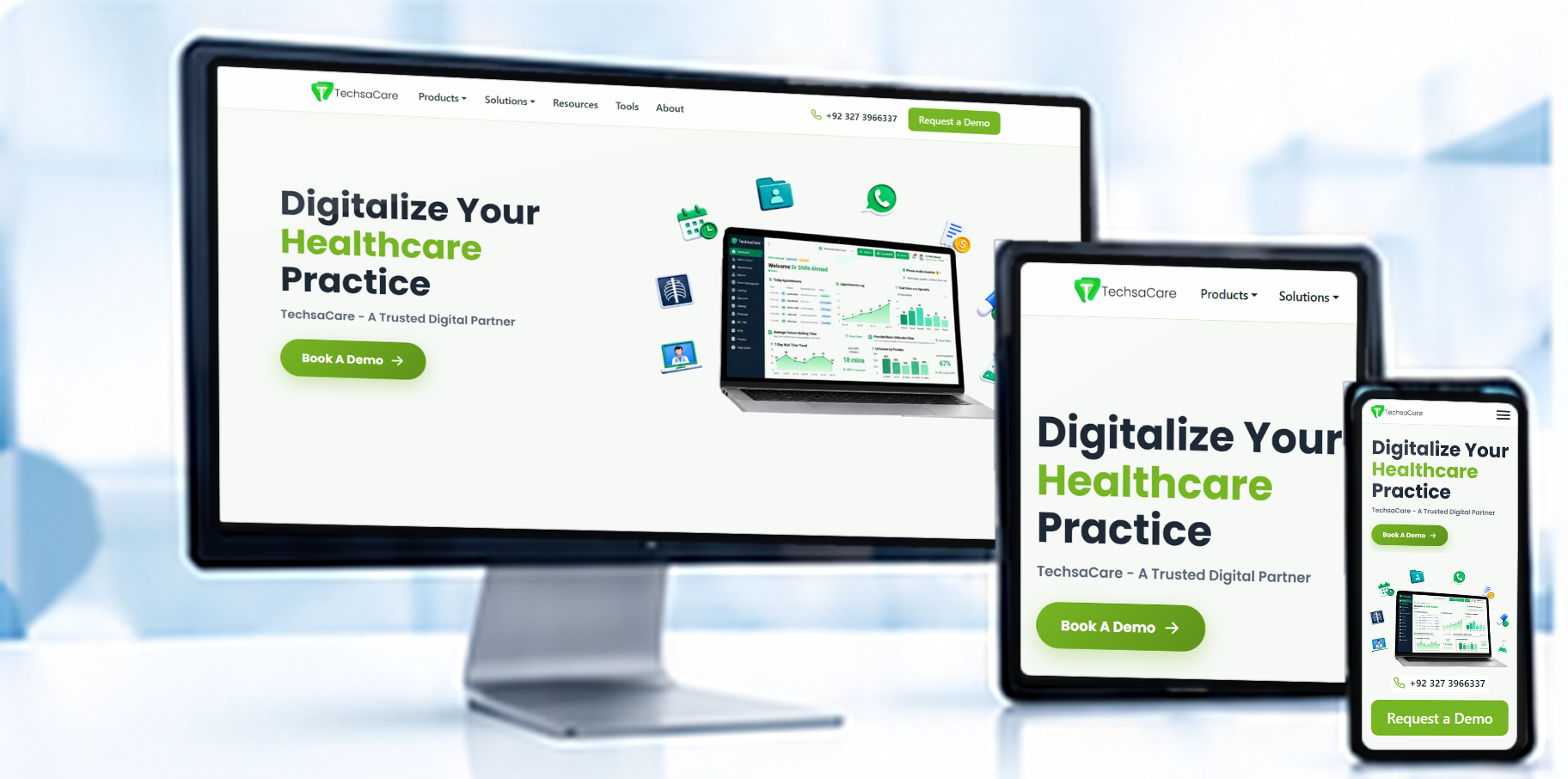 Healthcare website shown on a desktop monitor, a tablet and a phone